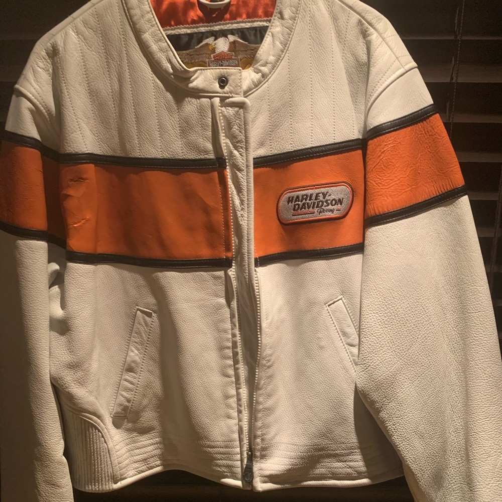 Harley-Davidson racing white and orange leather